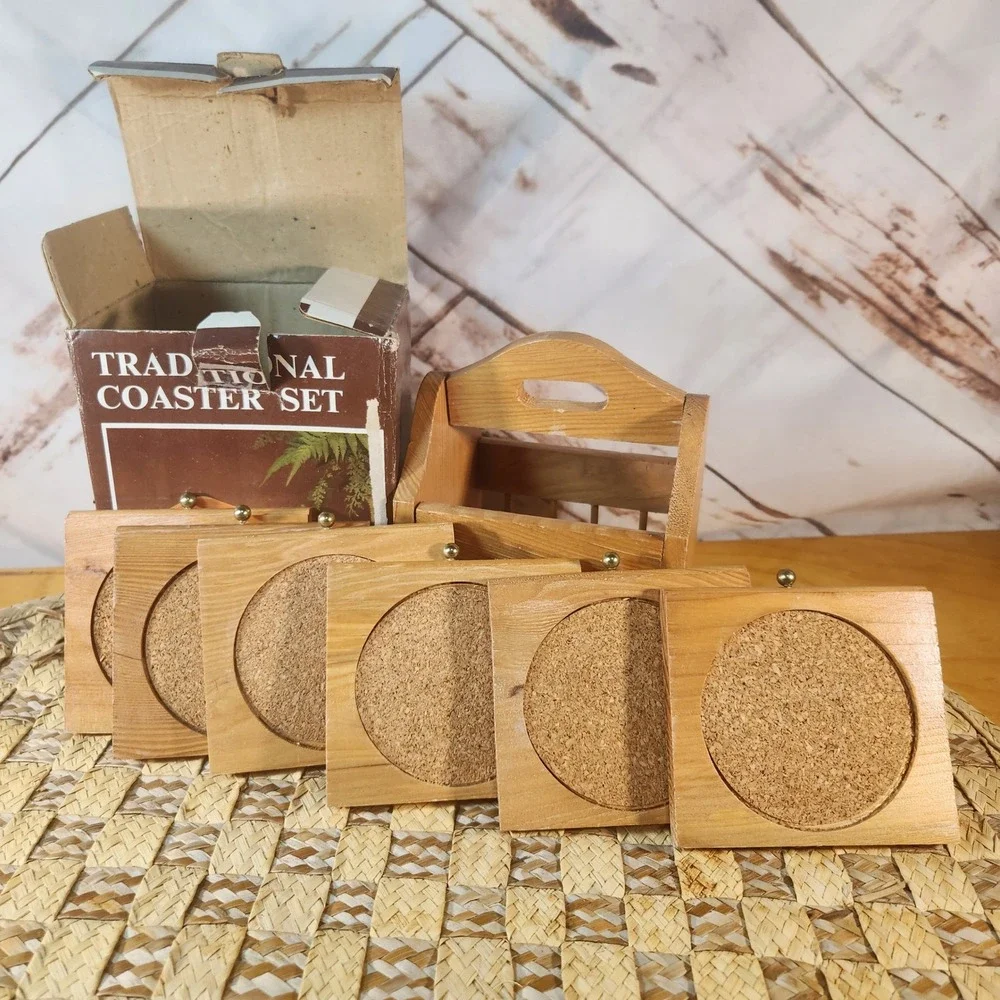 Vintage Traditional Coaster Set Wood and Cork 6 Piece with Caddy